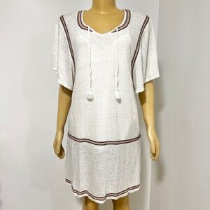 Garnet Hill Embroidered Tunic Dress White Linen Blend Short Sleeve V Neck‎ M